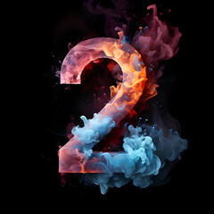 3D glowing burning number 2 of smoke or cloud. Symbol 2 Abstract neon numbers. Isolated colorful blue red white numbers on black background, hot and cold contrast 