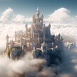 Magic castle in a mountain with god specular light and white and magic clouds