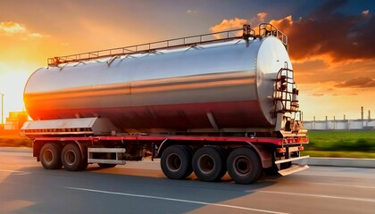 Wall Mural - big metal fuel tanker truck in motion shipping fuel to oil refinery against sunset sky wallpaper created with generative ai