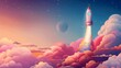 A painting depicting a rocket blasting off into the sky, surrounded by fluffy clouds and a dreamy landscape.