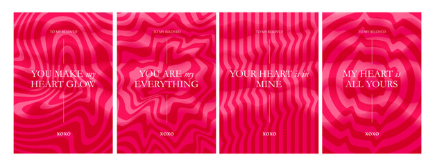 Fototapete - Vector Cards About Love with Bright Pink 3d Backgrounds and Quotes. Neon Colored Posters Set. Modern Bg with Swirl Waves. Abstract Y2k Art Design for Posters and Banners for Valentine's Day