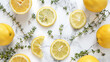 the vibrant hues of fresh lemon thyme against a white marble backdrop