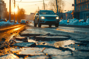 Cars driving on very poor quality street with potholes in evening. Old damaged asphalt pavement road with potholes in city. Concept of infrastructure decay