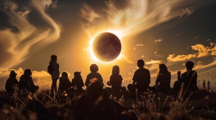 shadow of a group of people watching a solar eclipse on a hill in high resolution