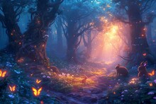 Secrets Of The Night: Glowing Rabbits Follow A Hidden Path Deep Within A Fantasy Forest