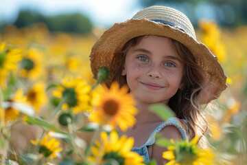 Poster - A young girl wearing a straw hat is smiling in a field of yellow flowers