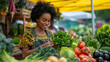  a Black Female Farmer on a Sunny Summer Day. Successful Street Vendor Managing a Farm Stall at an Outdoors Eco Market, Beautiful Female Customer Buying Sustainable Organic Vegetables From
