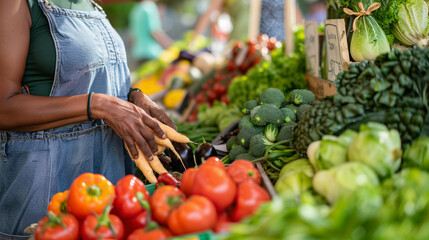 Wall Mural - Customer Buying Sustainable Organic Vegetables From a Black Female Farmer on a Sunny Summer Day. Successful Street Vendor Managing a Farm Stall at an Outdoors Eco Market in summer