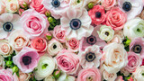 Floral background pink roses ranunculus anemone flowers. For Birthday, Mother's Day, Valentine's Day, Woman's day greetings card