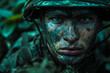 © MVProductions - A dirty soldier in the forest, a dark photo of war and soldiers. Concept of warfare