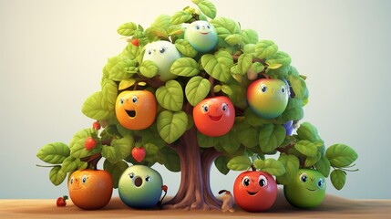 Wall Mural - Young 3D Fruit Tree Care by Characters cute face