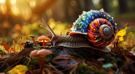 A snail with a brightly colored body and a spiral shell covered in crystals. Moving across rotting logs with mushrooms growing along with green moss and dead leaves. Forest background with sunlight in