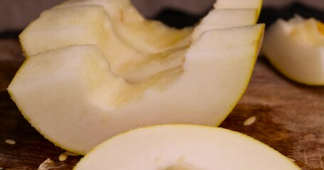 Sticker - sliced sweet yellow melon, cooking with golden melon, close up