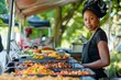 © pisan - Portrait of Confident Female Chef at a Street Food Stall with Colorful Dishes on Display