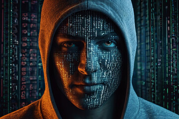 Cybercriminal disguised amidst digitally enhanced backdrop, hacking in secrecy. Conceptual image of cybersecurity threats, digital espionage, hidden identities.