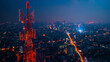 Telecommunication tower with 5G cellular network antenna on night city background, Global connection and internet network concept.