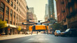Delivery drone flying low over an urban street.