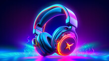 High-Tech, Wireless, Futuristic, Design Headphones, Smart Audio, Glow Headphones, with LED Lit background, and Neon Colors and Ambient Lighting, ai generated