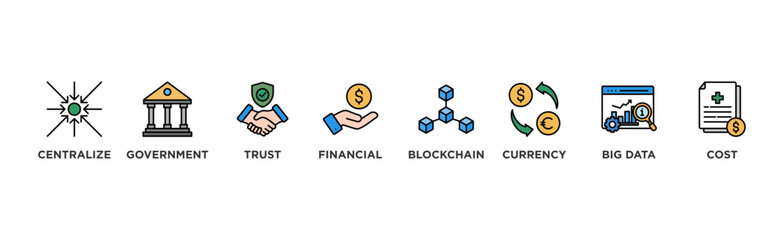 Wall Mural - CBDC banner web icon illustration concept of central bank digital currency with icons of centralize, government, trust, financial, blockchain, currency, big data and cost	