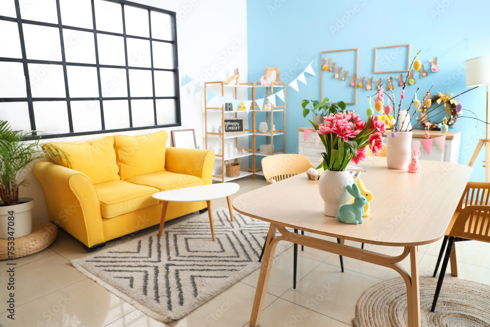 Interior of festive kitchen decorated for Easter celebration