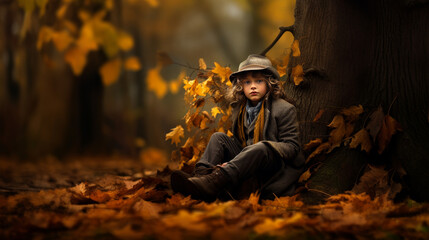 Wall Mural - a small boy sitting in an autumn forest scene