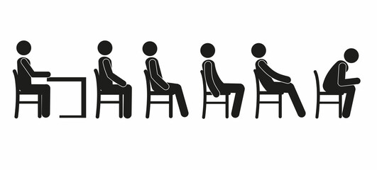 Wall Mural - a set of figures of a man sitting on a chair in different poses, a pictogram, a flat  illustration isolated on a white background