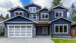 Generative AI : Luxurious new construction home in Bellevue, WA. Modern style home boasts two car garage framed by blue siding 