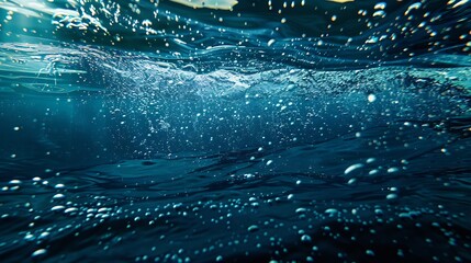 Poster - Generative AI : Blue sea or ocean water surface and underwater with sunny and cloudy sky