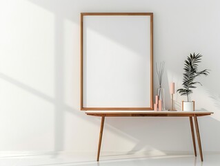 Poster - Generative AI : Wooden frame mockup with passe-partout on white wall. Poster mockup. Clean, modern, minimal frame. 
