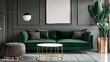 Generative AI : Luxury living room in house with modern interior design, green velvet sofa, coffee table, pouf, gold decoration