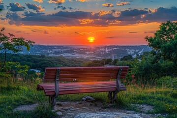 Canvas Print - Majestic Sunset View over City Skyline from Park Bench on Hilltop - Tranquil Nature Scene with Vibrant Skies