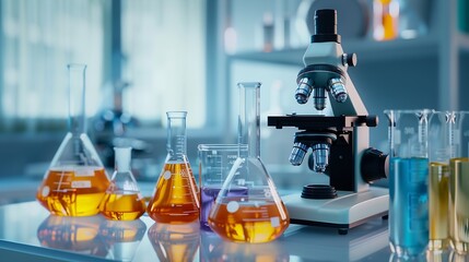 Poster - Generative AI : Laboratory beakers, microscope, pipette. Science experiment concept background.