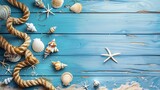 Generative AI : sea rope with many different sea shells on the sea sand on a blue wooden background. Top view