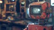 Retro robot head with emotive digital eyes - A close-up of a vintage-inspired robot with expressive digital eyes, evoking nostalgia and curiosity