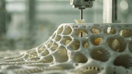 Wall Mural - A closeup of a technologically advanced 3D printer creating intricate structures out of a biodegradable plantbased material. innovative od of construction eliminates