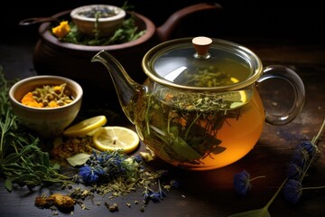 Poster - Herbal tea with lemon and wildflowers on dark wooden background