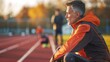 © Justlight - A shot of a coach in action crouched at the edge of the track intently monitoring and instructing their athletes as they train for peak performance.