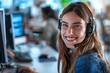 Customer service representative smiling warmly Wearing a headset in a modern call center Embodying professionalism and friendly support
