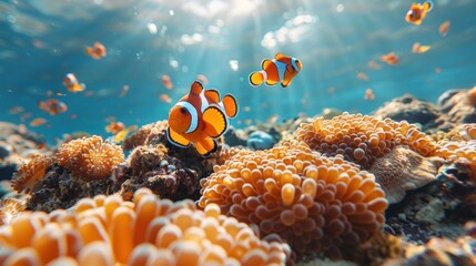 Colorful clownfish amidst vibrant sea anemones under the ocean. Generative AI.