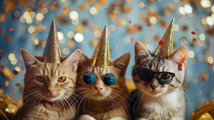 Three cats wearing party hats and glasses on blurred background, closeup, on gold blured glitter background, party ceremony