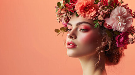 Wall Mural - Beauty portrait of young beautiful woman art makeup, flower wreath, posing on peach background.