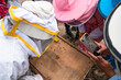 Overhead view of a beekeeping workshop with participants observing a beehive