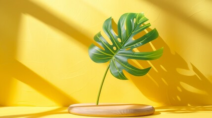 Wall Mural - Minimalistic podium with summer fashion and luxury plant on yellow stone wall background