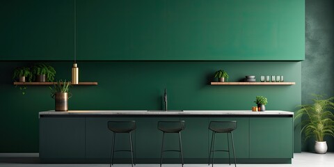 Canvas Print - a modern kitchen with dark green wall decor.