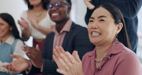 Canvas Print - Business women, audience and team clapping for meeting success, congratulations or praise and celebration. Excited group or people with diversity, applause and support for winning or news at an event