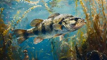 Hyper-Detailed Painting Of A Bass In Shallow Water With Ferns
