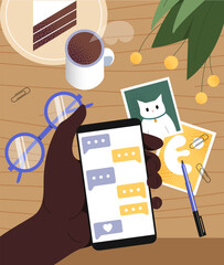 Wall Mural - online chat at phone concept. character with smartphone in hand. distance communication and interact