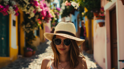 A mulher de chapéu de palha e óculos de sol explorando uma pitoresca rua europeia com flores coloridas