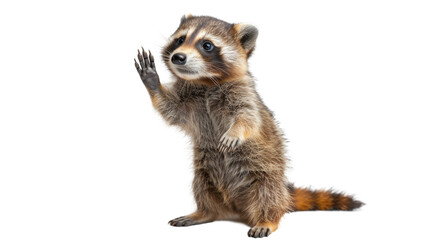 captivating image of a friendly raccoon standing upright on two legs, with hands up as if waving, is