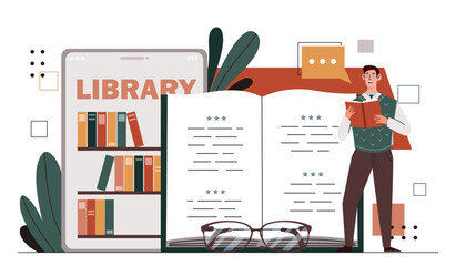Wall Mural - online library concept. man with book in hands near bookshelves. education, learning and traininng. 